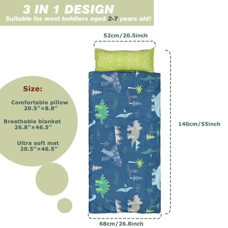 Hi Sprout Toddlers Nap Mat with Removable Pillow and Soft Blanket, Lightweight Daycare Preschool Kindergarten Sleeping Bag, Travel Slumber for Kids Girls Boys-Dinosaur - Image 2